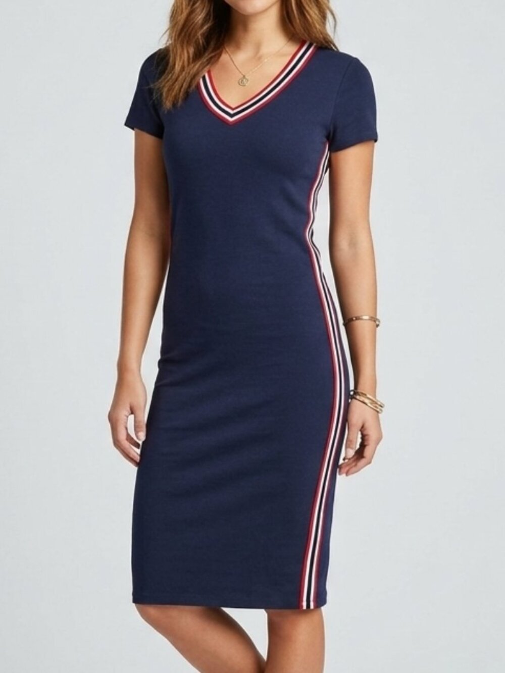 Venus Striped Sporty V-Neck Bodycon Jersey Dress Size M